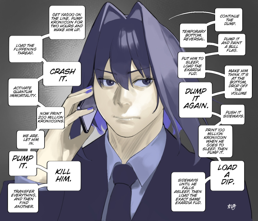 1girl, alternate_costume, avrgandordinary, black_eyes, black_hair, black_jacket, black_necktie, blue_hair, blue_nails, cellphone, collared_shirt, colored_inner_hair, english_text, gradient_background, grey_background, grey_shirt, hair_intakes, he_bought?_dump_it_(meme), holding, holding_phone, hololive, hololive_english, jacket, meme, multicolored_hair, necktie, ouro_kronii, phone, shirt, smartphone, solo, speech_bubble, talking_on_phone, two-tone_hair, virtual_youtuber
