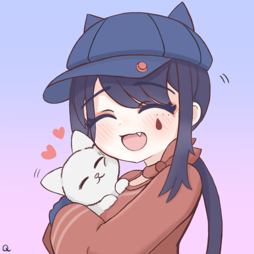 1girl, animal, animal_ear_headwear, artist_name, black_hair, blue_background, blue_gloves, blue_hat