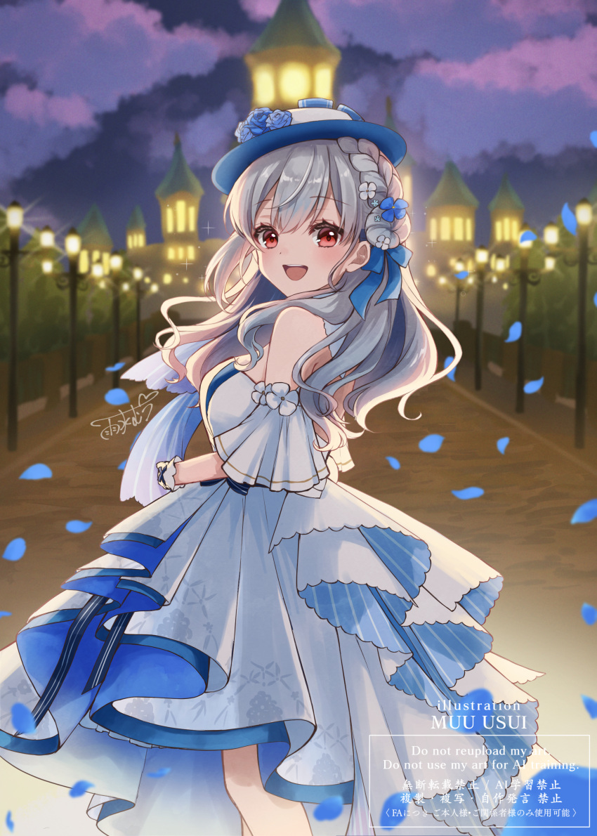 1girl, absurdres, blue_dress, blue_hat, blue_ribbon, blush, dress, flower
