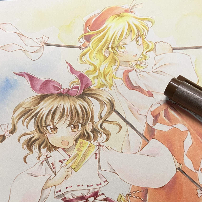 2girls, :o, absurdres, beret, blonde_hair, blonde_shrine_maiden_from_a_future_era_(touhou), bow, brown_eyes