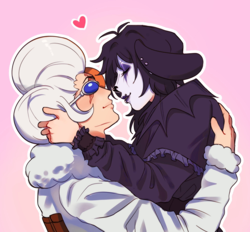 2boys, androgynous, axis_tiltedaxie, dark_purple_hair, face_piercings, facepaint, heart, holding
