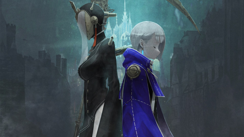 2girls, android, artist_request, back-to-back, black_dress, black_jacket, blue_cloak, castle