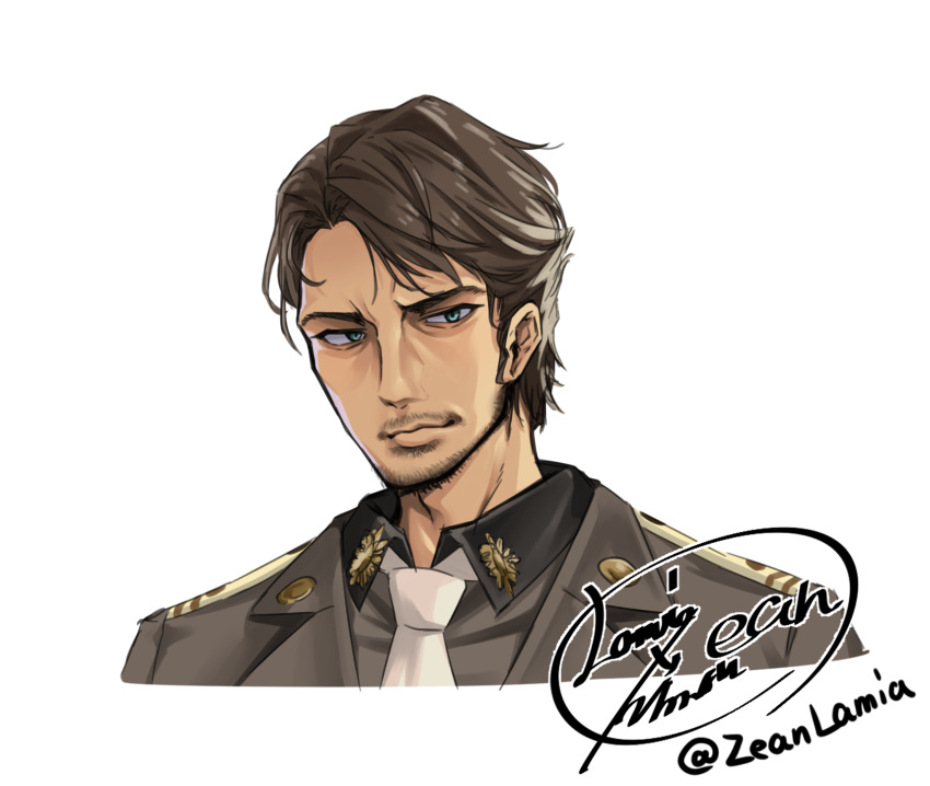 1boy, andersen_(nikke), artist_name, blue_eyes, brown_hair, brown_jacket, brown_shirt, closed_mouth