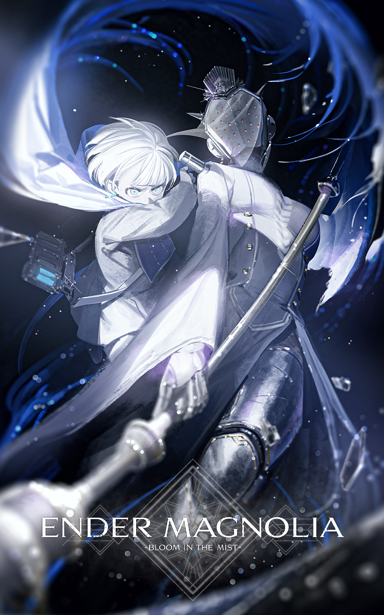 2girls, android, artist_request, black_dress, black_jacket, blue_cloak, blue_eyes, cloak