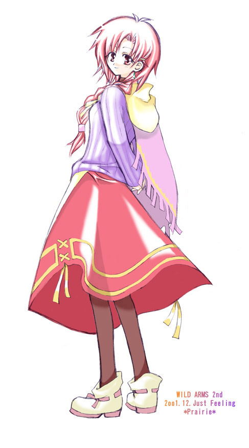 2001, ahoge, braid, cidre, dress, hair_over_shoulder, jewelry, long_hair, marina_irington, moccasins, pantyhose, pink_eyes, pink_hair, red_dress, scarf, smile, solo, sweater, white_background, wild_arms, wild_arms_2