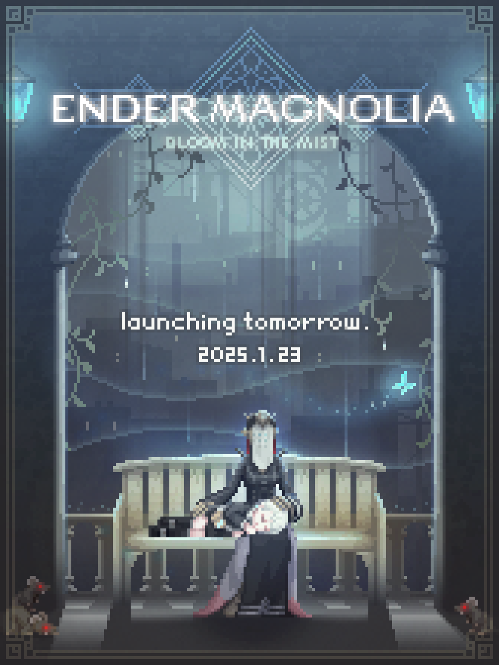 2girls, android, artist_request, bench, black_dress, black_jacket, closed_eyes, commentary_request