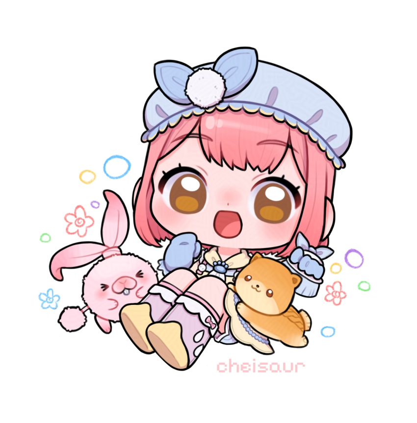 >_<, 1girl, apron, artist_name, ascot, blue_bow, blue_gloves, blue_hat