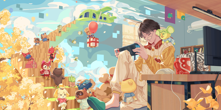 1boy, 6+others, absurdres, ahoge, aircraft, airplane, animal_crossing, black_hair