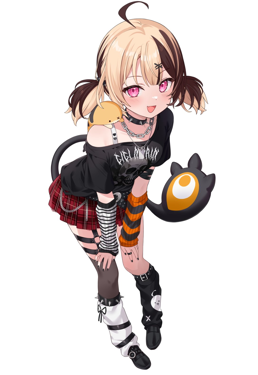1girl, :d, ahoge, arm_warmers, black_collar, black_footwear, black_nails, black_shirt