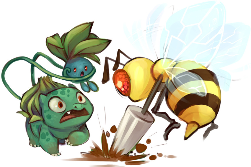 antennae, attack, bee, beedrill, bug, bulbasaur, claws, fang, flying, full_body, insect_wings, lifting_animal, no_humans, oddish, open_mouth, pokemon, pokemon_(creature), pokemon_focus, red_eyes, sharkie-19, simple_background, standing, white_background, wide-eyed, wings