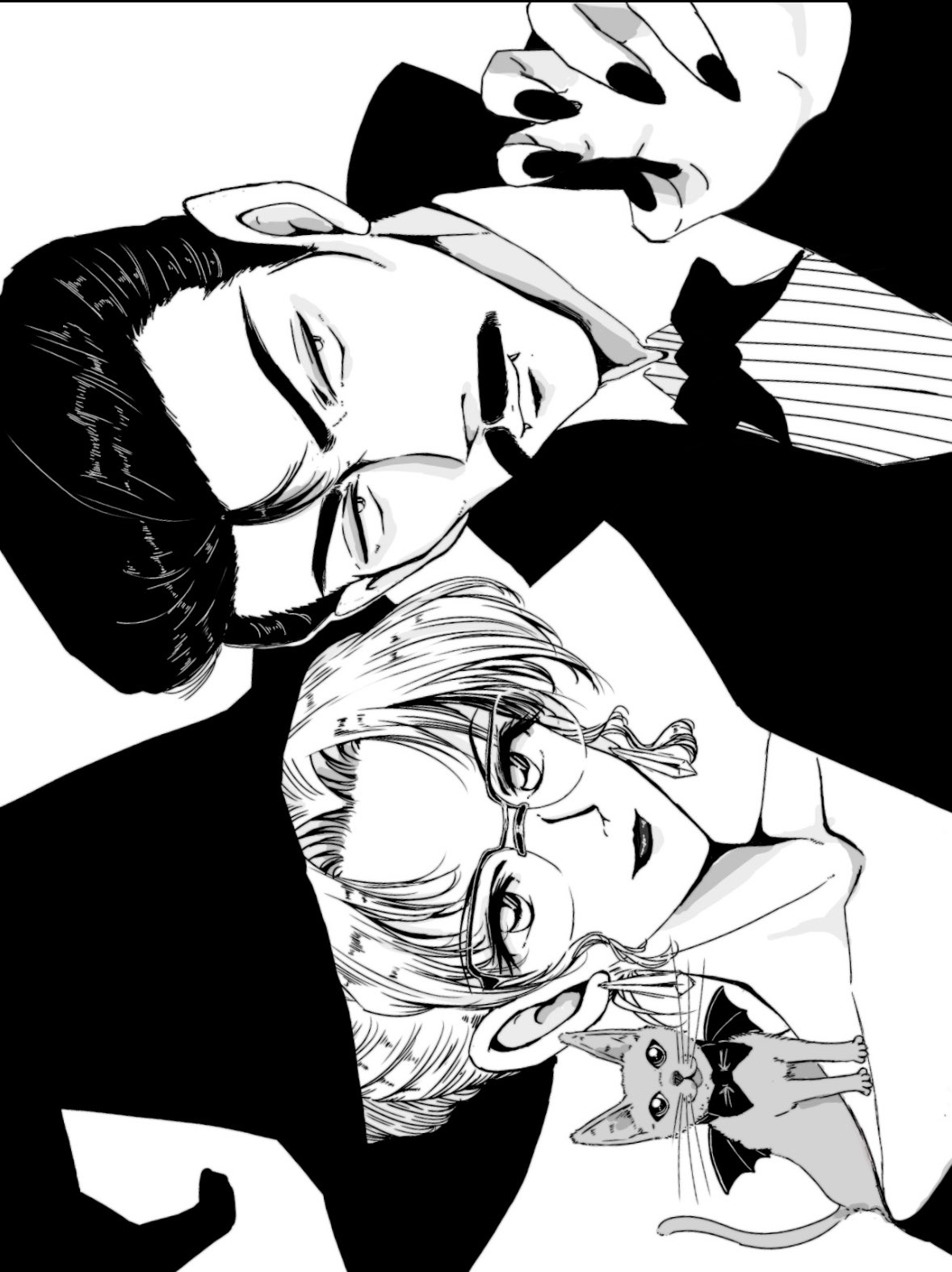 1boy, 1girl, animal, bow, bowtie, cape, cat, commentary