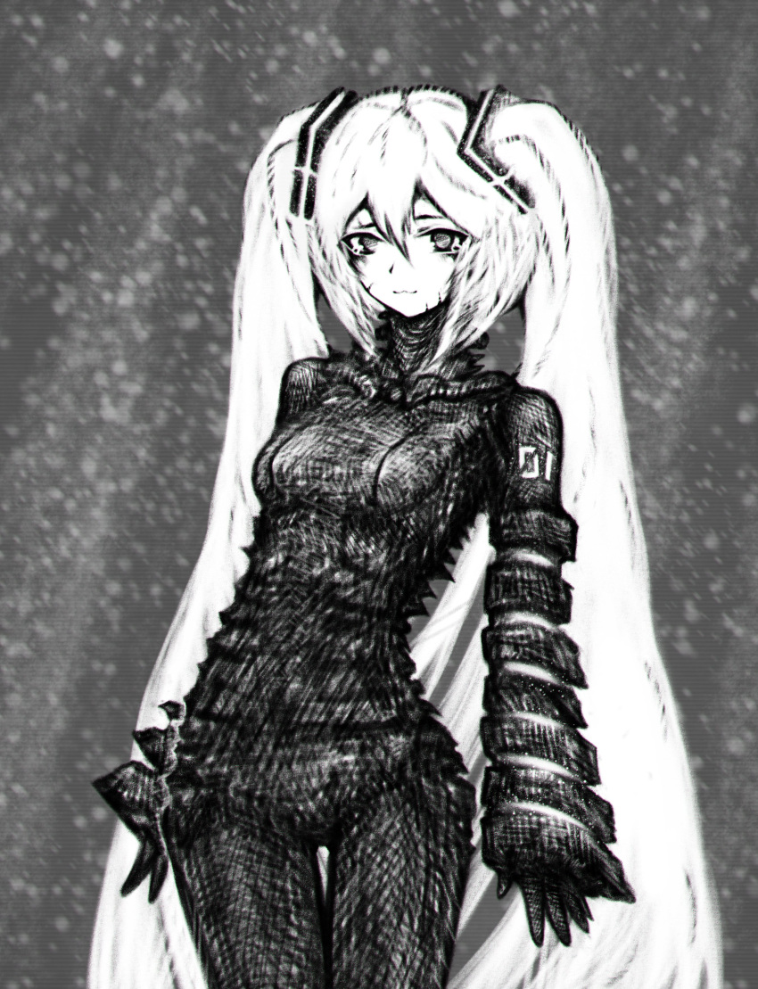 11e10, 1girl, absurdres, black_bodysuit, blame!, bodysuit, cowboy_shot, english_commentary, grey_background, greyscale, hair_ornament, hatsune_miku, highres, leaning_back, long_hair, looking_at_viewer, monochrome, parody, solo, standing, twintails, very_long_hair, vocaloid