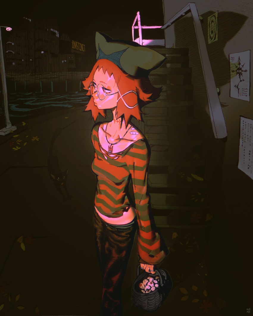 1girl, absurdres, autumn, bandaid, basket, black_cat, blue_eyes, brown_eyes