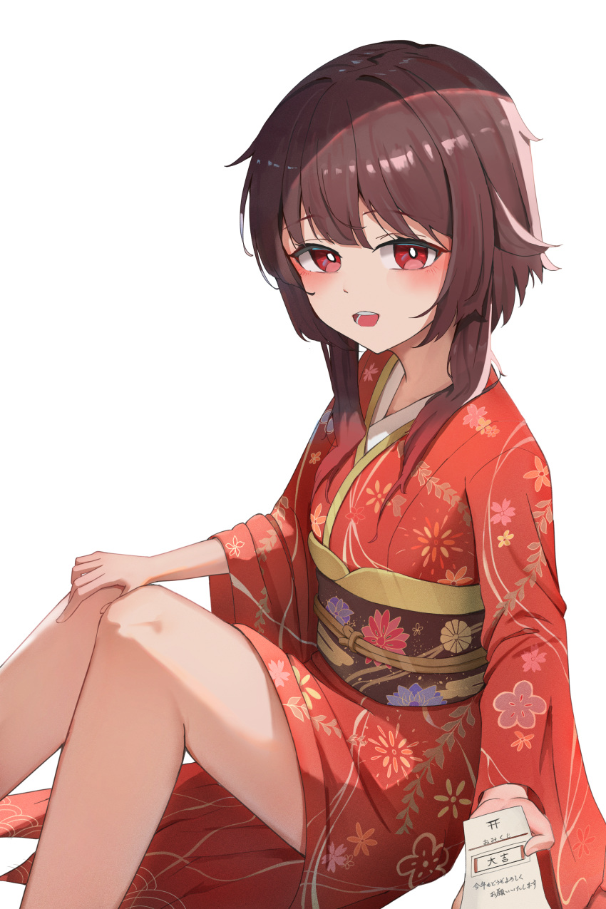 :d, absurdres, black_sash, blush, breasts, bright_pupils, brown_hair, commentary, floral_print, floral_print_kimono, from_above, furisode_sleeves, hand_on_own_knee, highres, holding_omikuji, japanese_clothes, kimono, knees_up, kono_subarashii_sekai_ni_shukufuku_wo!, long_sleeves, looking_at_viewer, looking_to_the_side, looking_up, megumin, new_year, obi, omikuji, on_ground, reaching, reaching_towards_viewer, red_eyes, red_kimono, sash, shiraiyu, short_hair, short_hair_with_long_locks, sidelocks, simple_background, sitting, small_breasts, smile, translated, white_background, white_pupils, wide_sleeves