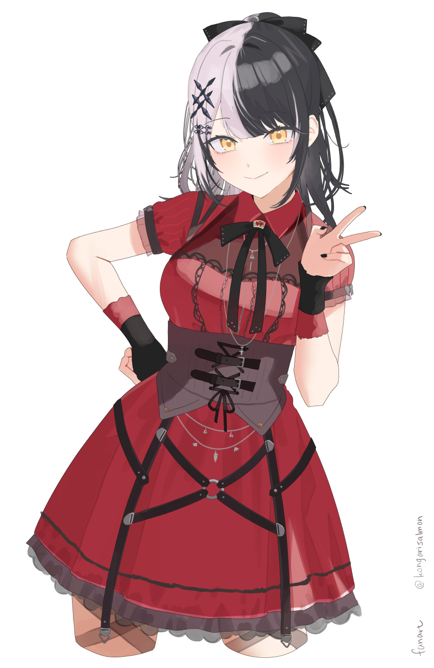 1girl, absurdres, black_corset, black_hair, black_nails, black_ribbon, closed_mouth, corset