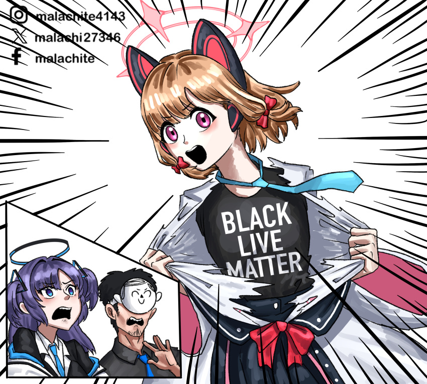 1boy, 2girls, absurdres, alternate_costume, animal_ear_headphones, animal_ears, black_headphones, black_lives_matter, black_shirt, blue_archive, blue_hair, blue_halo, blue_necktie, bow, cat_ears, collared_shirt, english_commentary, english_text, facebook_logo, facebook_username, facial_hair, fake_animal_ears, goatee_stubble, hair_bow, hair_intakes, halo, headphones, highres, instagram_logo, instagram_username, jacket, long_hair, looking_at_viewer, malachite_27346, mask, medium_hair, meme, momoi_(blue_archive), motion_lines, multiple_girls, necktie, out_of_character, parted_bangs, pink_halo, racist_momoi_(meme), red_bow, red_trim, sensei_(blue_archive), shirt, short_hair, sidelocks, stubble, surprised, t-shirt, tearing_clothes, torn_clothes, torn_shirt, twitter_logo, twitter_username, two-tone_headphones, violet_eyes, white_background, white_jacket, white_shirt, yuuka_(blue_archive)