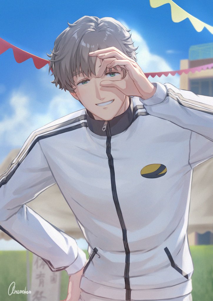 1boy, arumakan317, building, clouds, commentary_request, cowboy_shot, green_eyes, grey_hair, grin, hair_between_eyes, hand_on_own_hip, jacket, long_sleeves, looking_at_viewer, male_focus, multicolored_clothes, multicolored_jacket, ok_sign, ok_sign_over_eye, outdoors, signature, sky, smile, solo, string_of_flags, striped_clothes, striped_jacket, tareme, teeth, tokimeki_memorial, tokimeki_memorial_girl's_side, tokimeki_memorial_girl's_side_2nd_kiss, vertical-striped_clothes, vertical-striped_jacket, wakaouji_takafumi, zipper, zipper_pull_tab