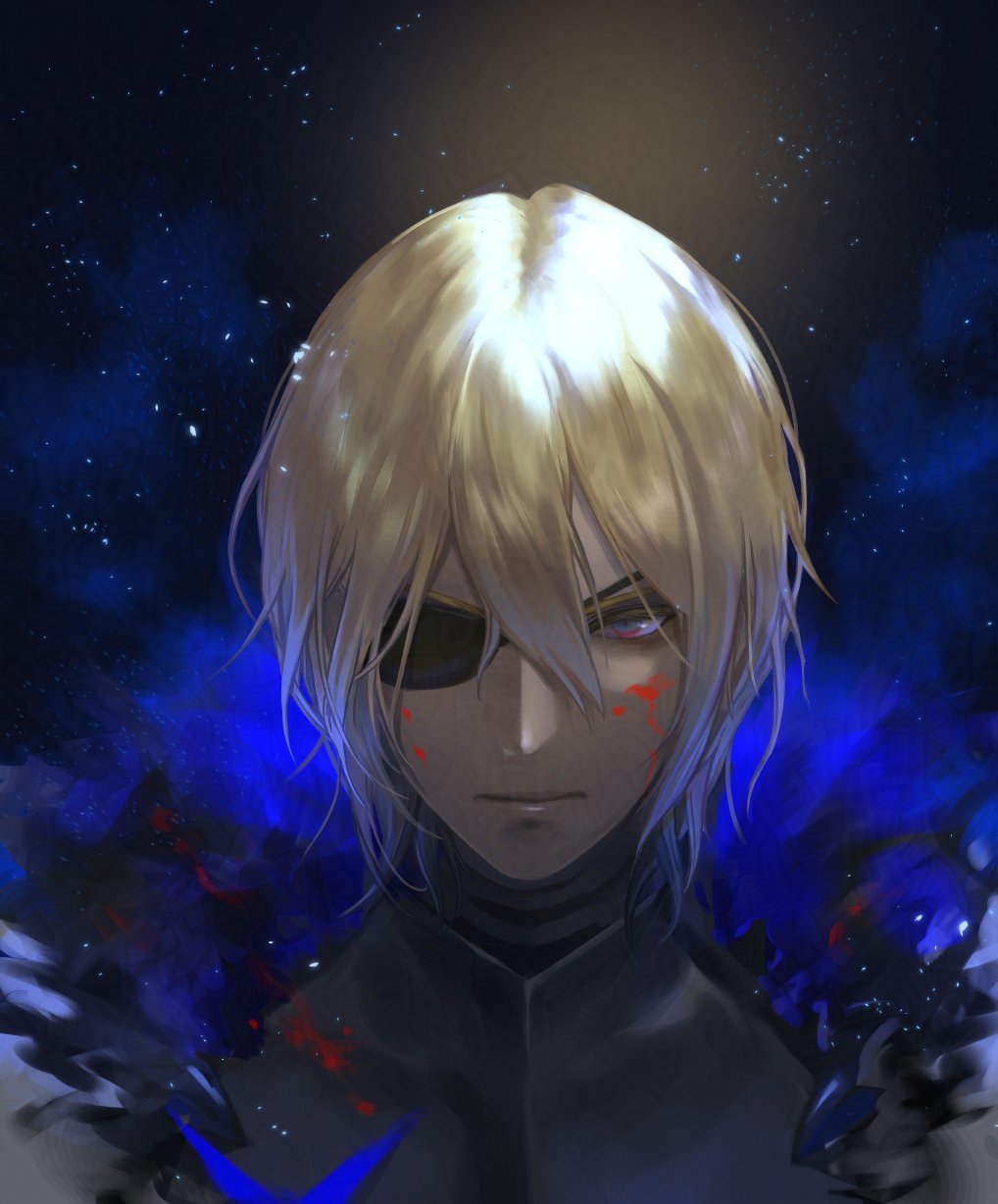 1boy, armor, arumakan317, bags_under_eyes, black_armor, blonde_hair, blood, blood_on_armor, blood_on_face, blood_splatter, blue_eyes, breastplate, closed_mouth, commentary_request, dimitri_alexandre_blaiddyd, expressionless, eyepatch, fire_emblem, fire_emblem:_three_houses, hair_between_eyes, highres, looking_ahead, male_focus, one_eye_covered, solo, upper_body