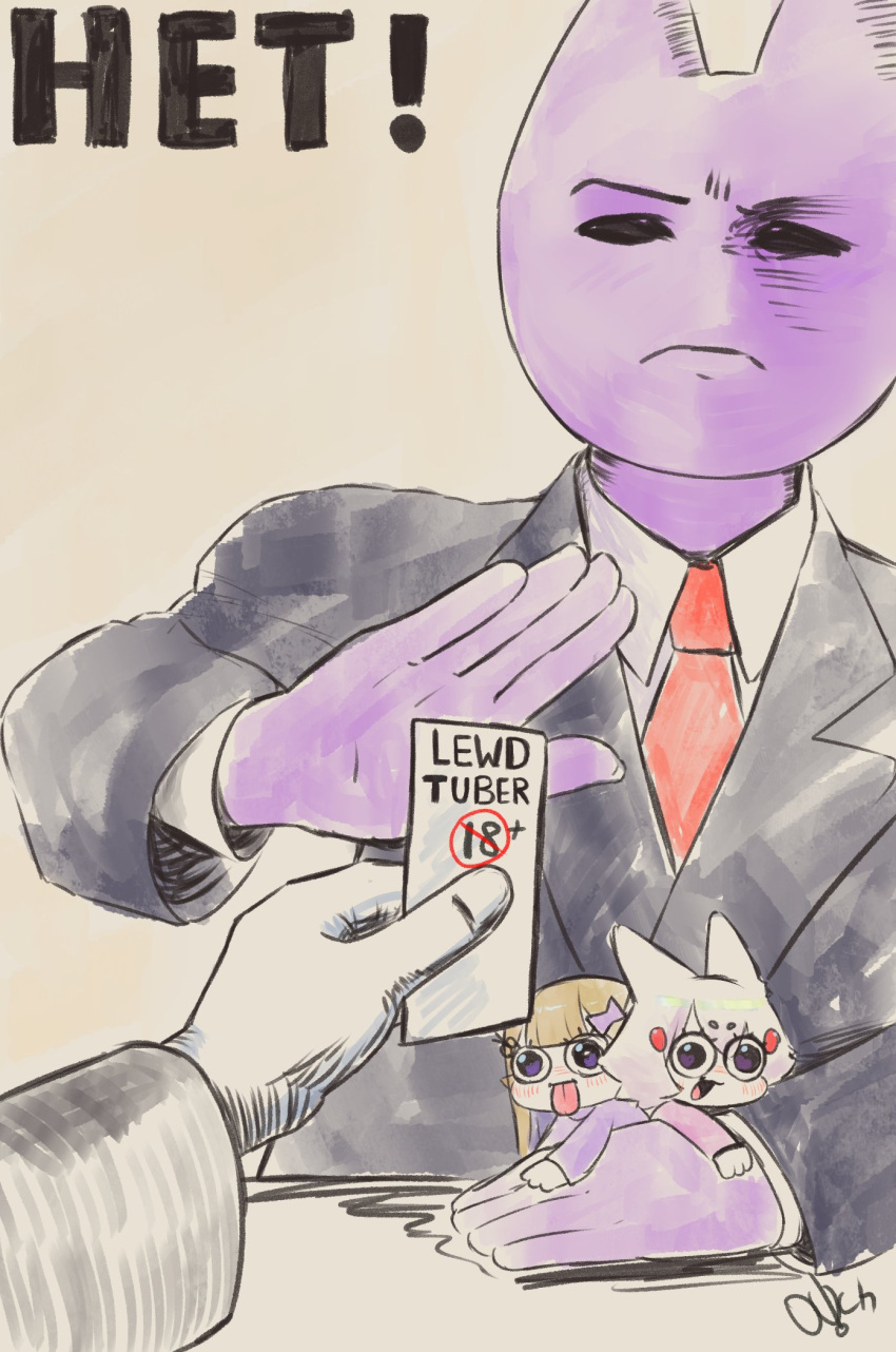 1boy, 1other, 2girls, amanogawa_shiina, animal_ears, black_eyes, black_jacket, black_suit