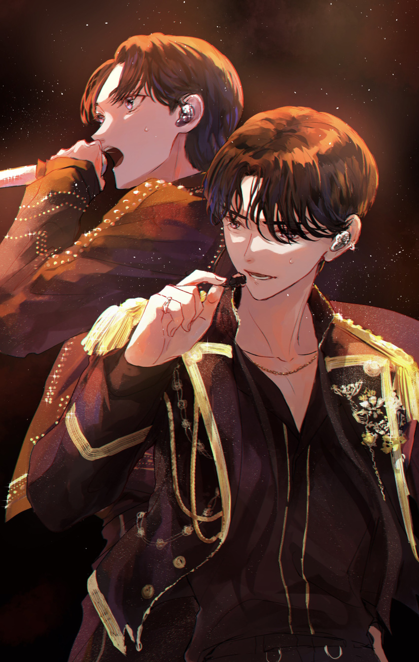 2boys, absurdres, black_jacket, black_shirt, brown_hair, commentary_request, epaulettes, highres