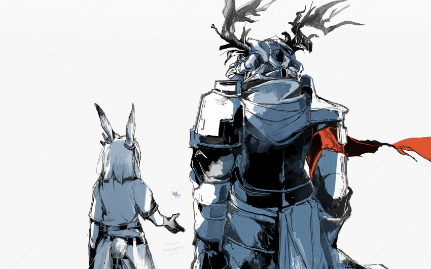 1boy, 1girl, absurdres, animal_ears, antlers, arknights, armband, armor