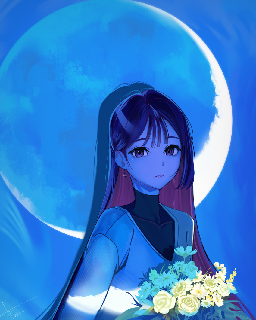 1girl, absurdres, black_shirt, blue_theme, bouquet, closed_mouth, colored_inner_hair, earrings, flower, full_moon, highres, jewelry, long_hair, looking_at_viewer, moon, multicolored_hair, original, purple_hair, shirt, solo, sweater, teupeu, turtleneck, turtleneck_shirt, very_long_hair, violet_eyes, white_flower, white_sweater
