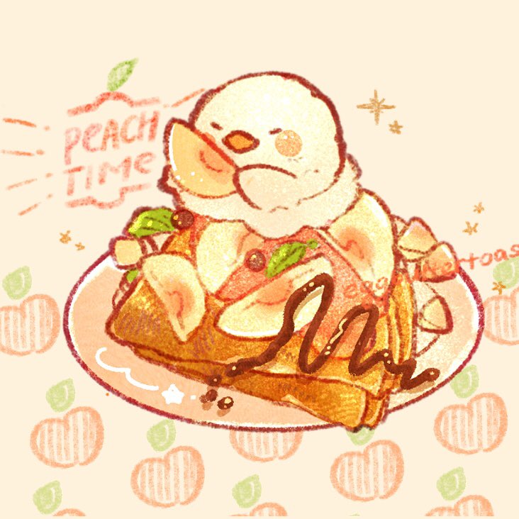 animal_focus, artist_name, beak, bird, brown_background, chocolate_syrup, commentary, crepe