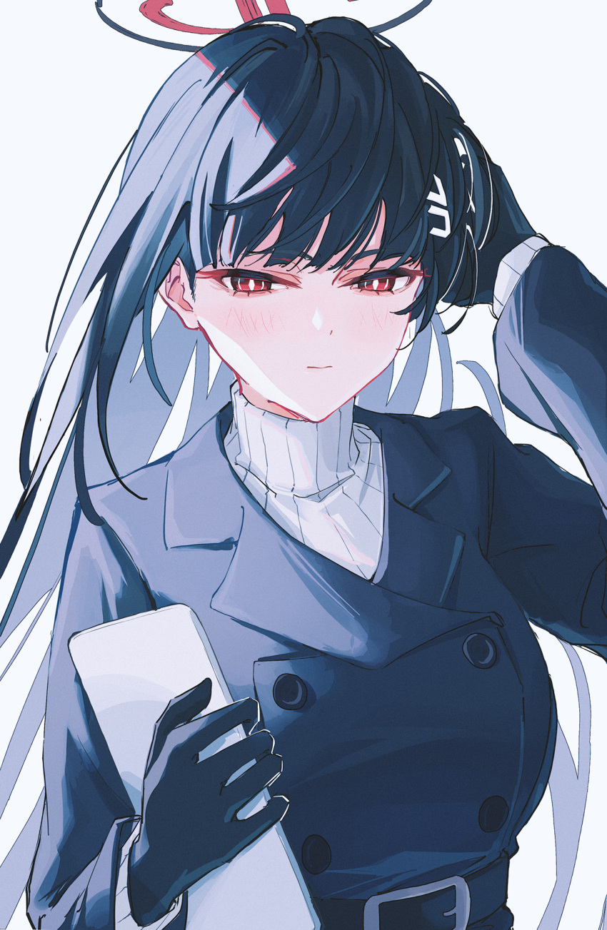 1girl, belt, black_gloves, black_hair, blue_archive, blush, breasts, buttons, coat, double-breasted, gloves, hair_ornament, hairclip, halo, highres, long_hair, red_eyes, ringed_eyes, rio_(blue_archive), simple_background, solo, table, white_background, winter_clothes, winter_coat, yodistira404