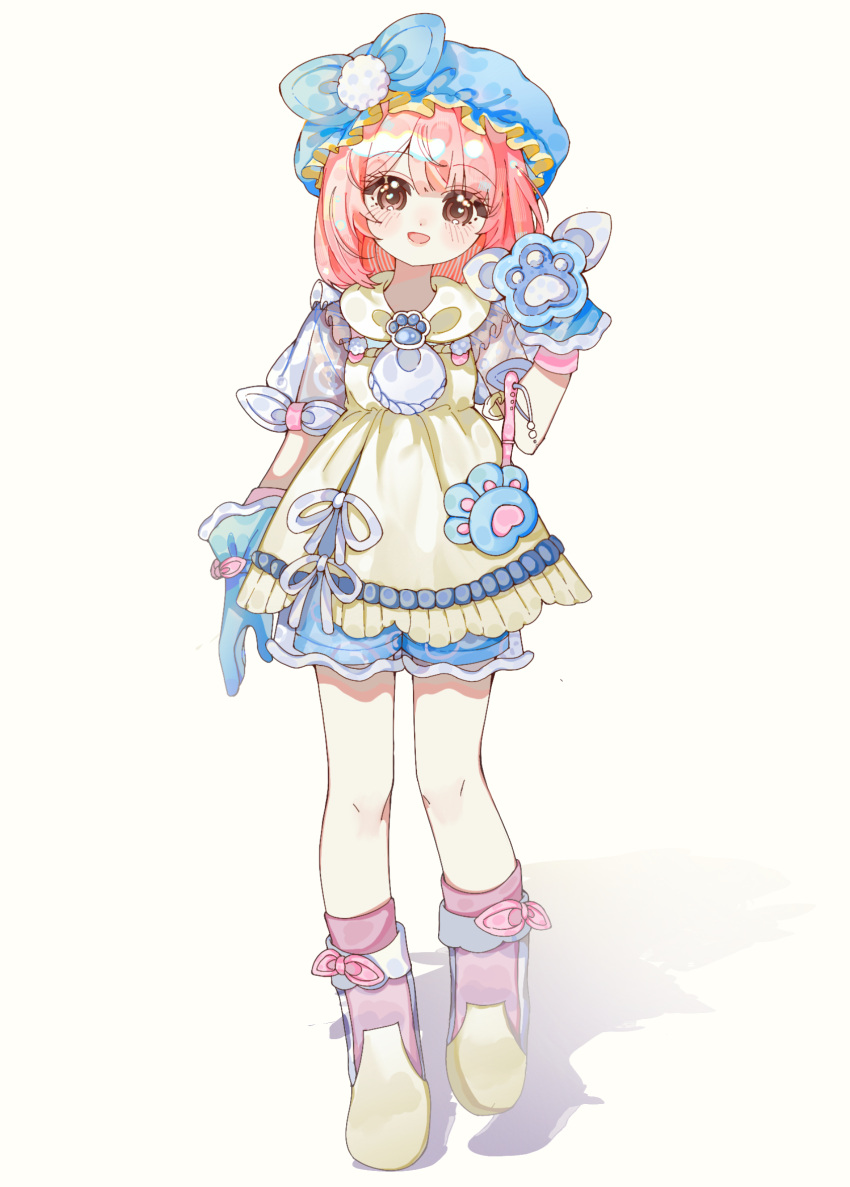 1girl, ankle_socks, apron, ascot, blue_ascot, blue_bow, blue_gloves, blue_hat