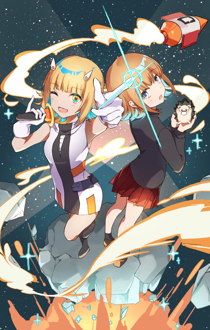 2girls, ;d, animal_on_hand, black_footwear, black_shirt, black_socks, blonde_hair, blue_eyes