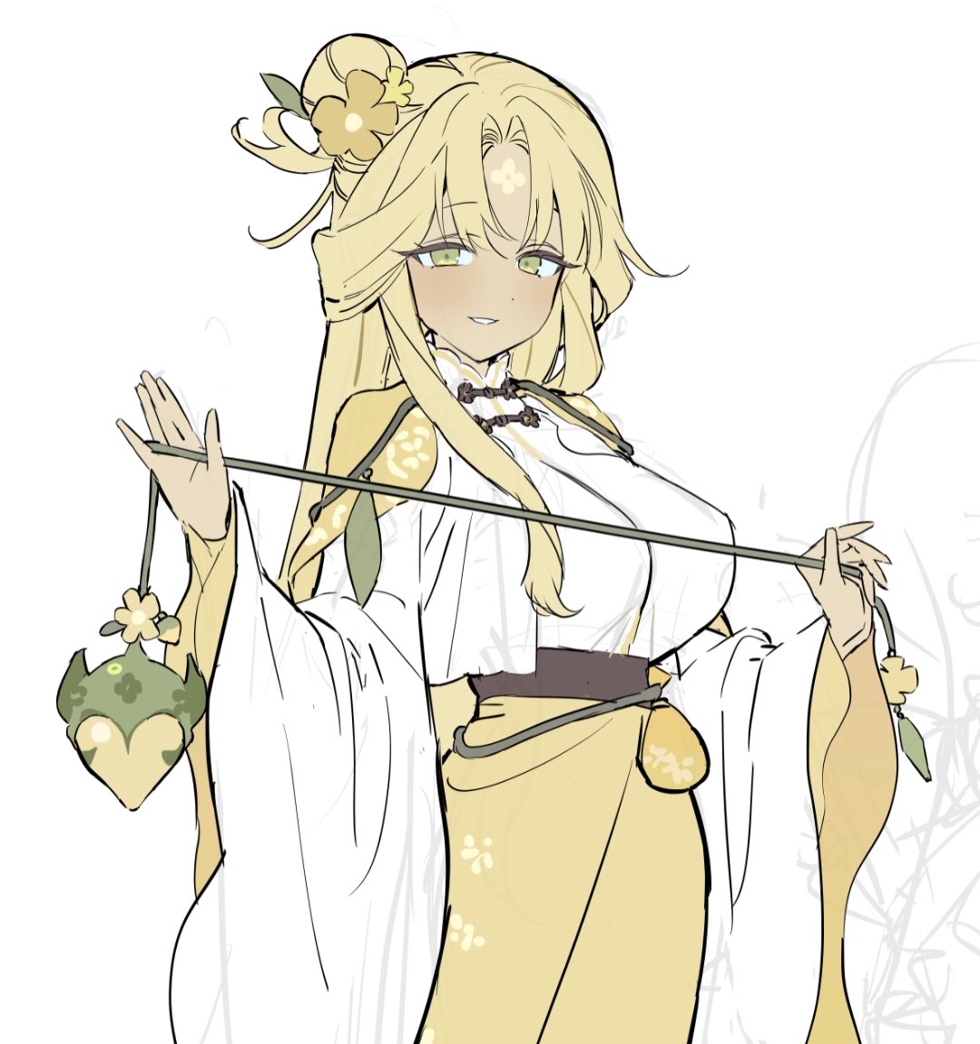 1girl, belt, blonde_hair, blush, breasts, brown_belt, commentary_request, cookie_run, cookie_run:_kingdom, dot_nose, flower, golden_osmanthus_cookie, green_eyes, grin, hair_bun, hair_flower, hair_ornament, holding, humanization, korean_commentary, large_breasts, long_hair, long_sleeves, looking_at_viewer, mandarin_collar, ohta_guk_hip, parted_bangs, shirt, simple_background, single_hair_bun, skirt, smile, solo, two-sided_sleeves, upper_body, white_background, white_shirt, wide_sleeves, yellow_skirt