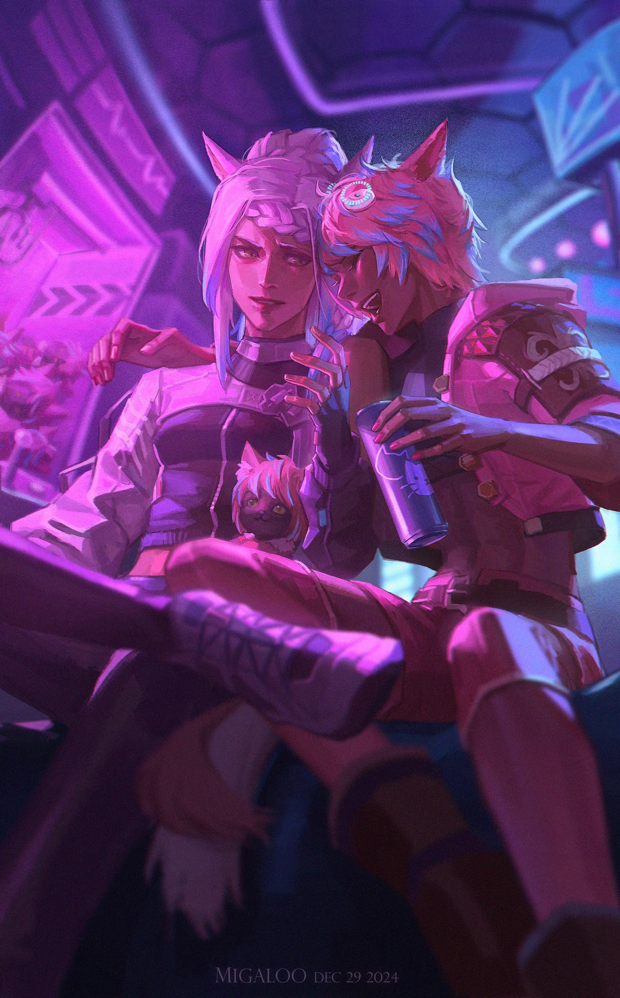 2girls, ^_^, abs, animal_ears, artist_name, black_cat_(ff14), black_gloves, black_pants