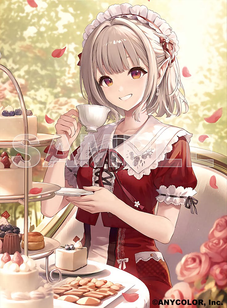 1girl, blonde_hair, blueberry, cake, cake_slice, commentary_request, cookie, copyright_notice
