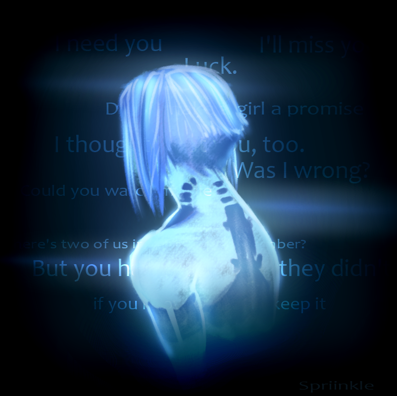 1girl, artist_name, bare_back, bare_shoulders, blue_skin, body_markings, colored_skin, cortana