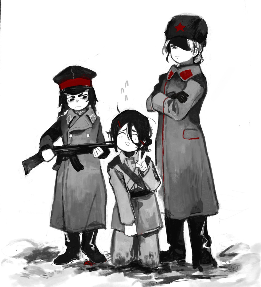 3girls, boots, buttons, coat, commentary, crossed_arms, dirty, dirty_clothes