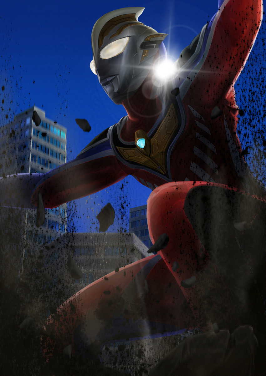 1boy, absurdres, alien, armor, arms_up, blue_skin, breastplate, building
