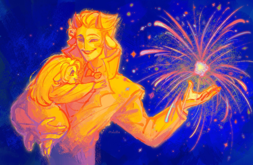 1boy, 1girl, blonde_hair, blush_stickers, charlie_morningstar, demon_boy, demon_girl, father_and_daughter