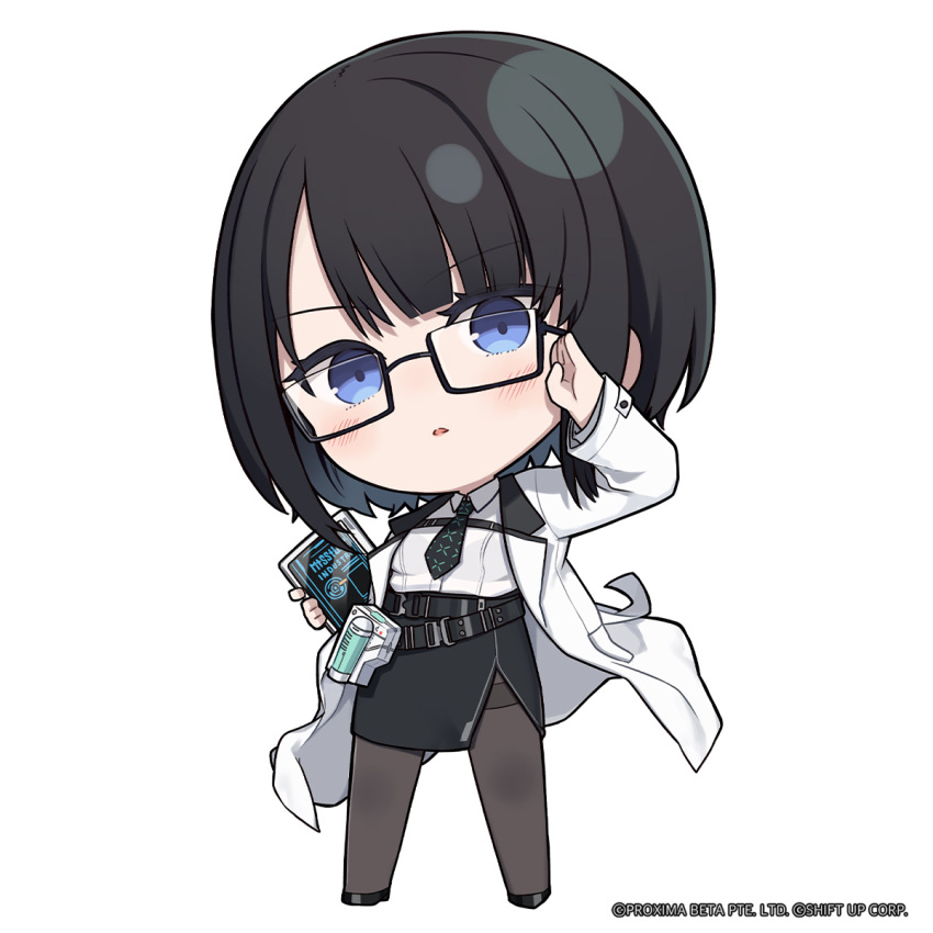 1girl, adjusting_eyewear, belt, black-framed_eyewear, black_belt, black_footwear, black_hair, black_necktie