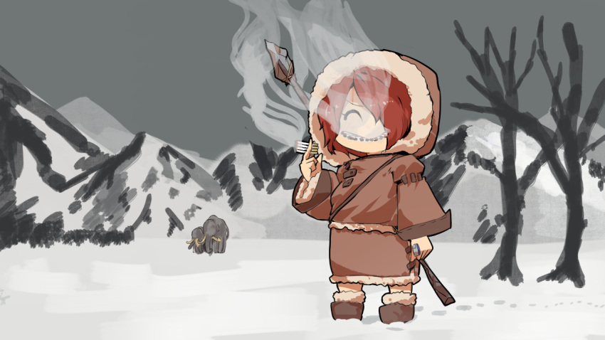 1girl, alternate_costume, bare_tree, boots, brown_coat, brown_footwear, cigarette, closed_mouth
