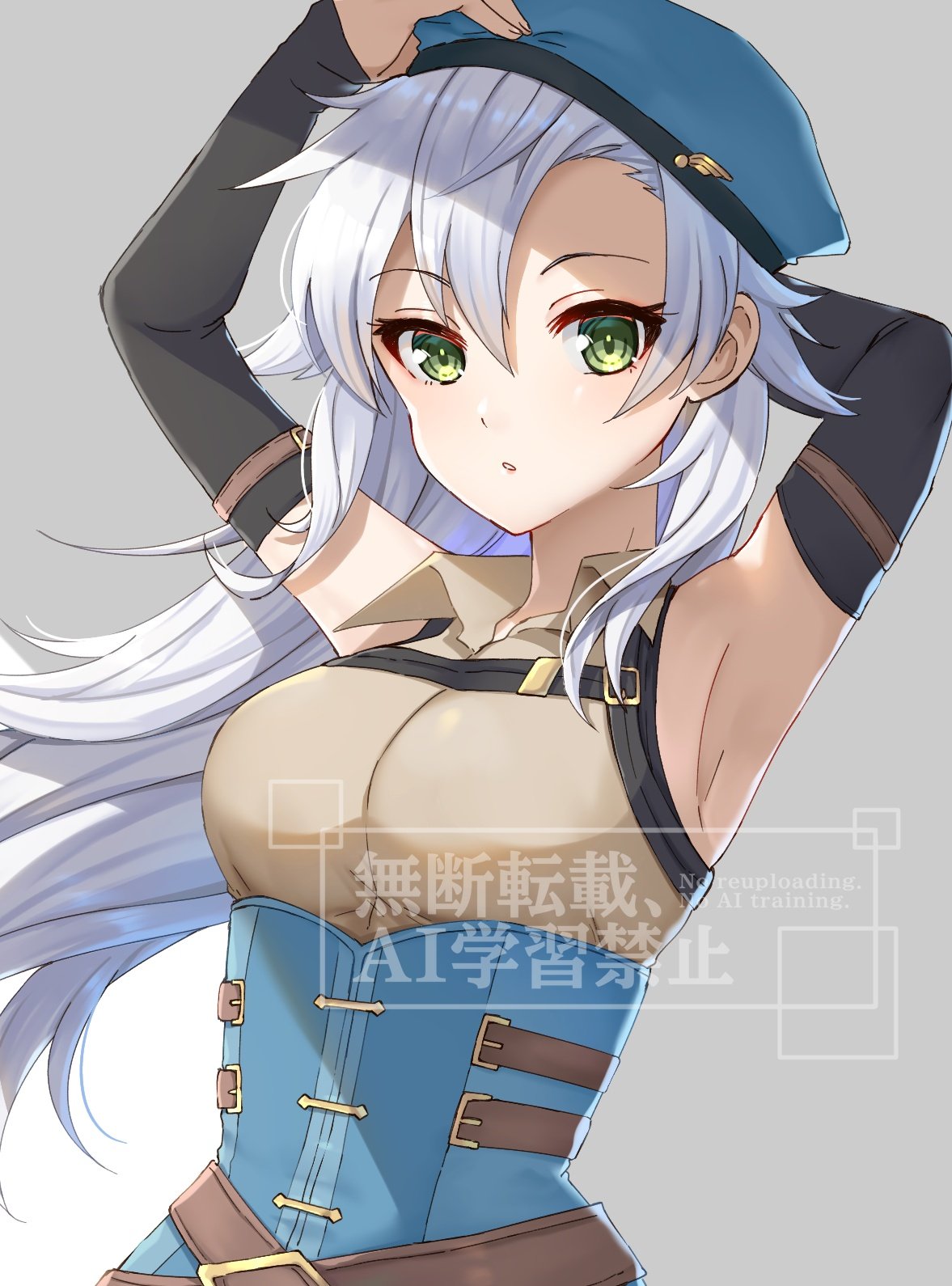 armpit_crease, armpits, beret, blue_hat, breasts, curtained_hair, detached_sleeves, eiyuu_densetsu