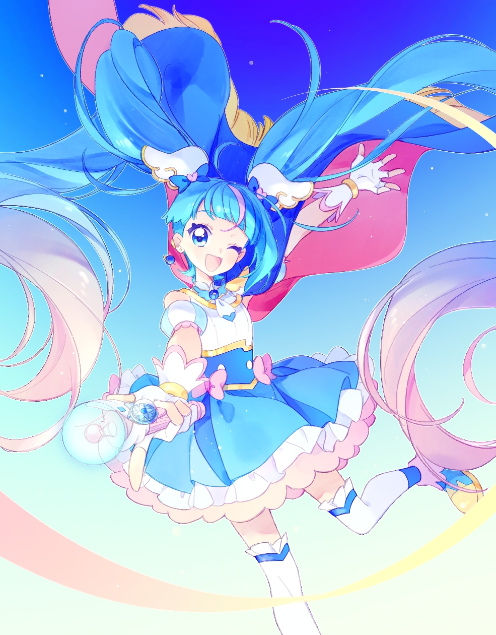 1girl, ;d, ankle_boots, arm_up, blue_cape, blue_dress, blue_eyes, blue_footwear