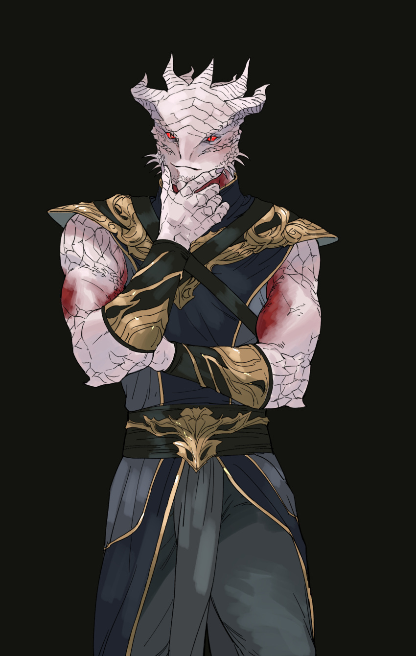 1boy, baldur's_gate, baldur's_gate_3, black_background, chest_harness, cowboy_shot, dragon_boy, dragon_horns