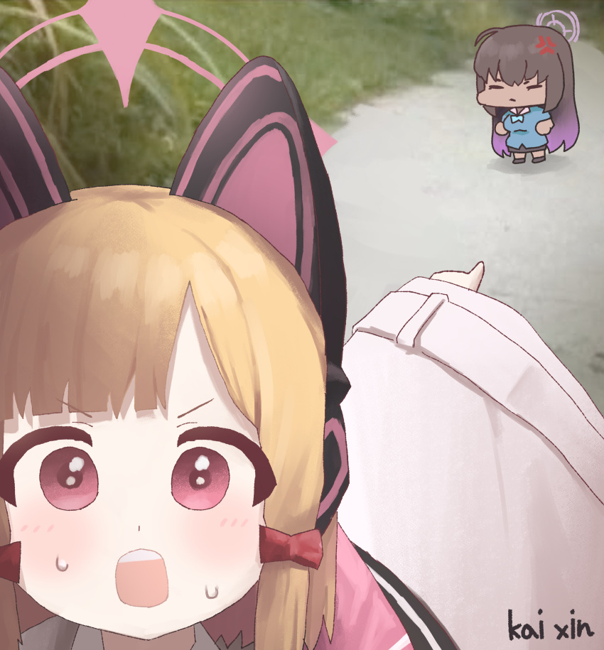2girls, absurdres, anger_vein, animal_ear_headphones, animal_ears, artist_name, black_hair, blonde_hair