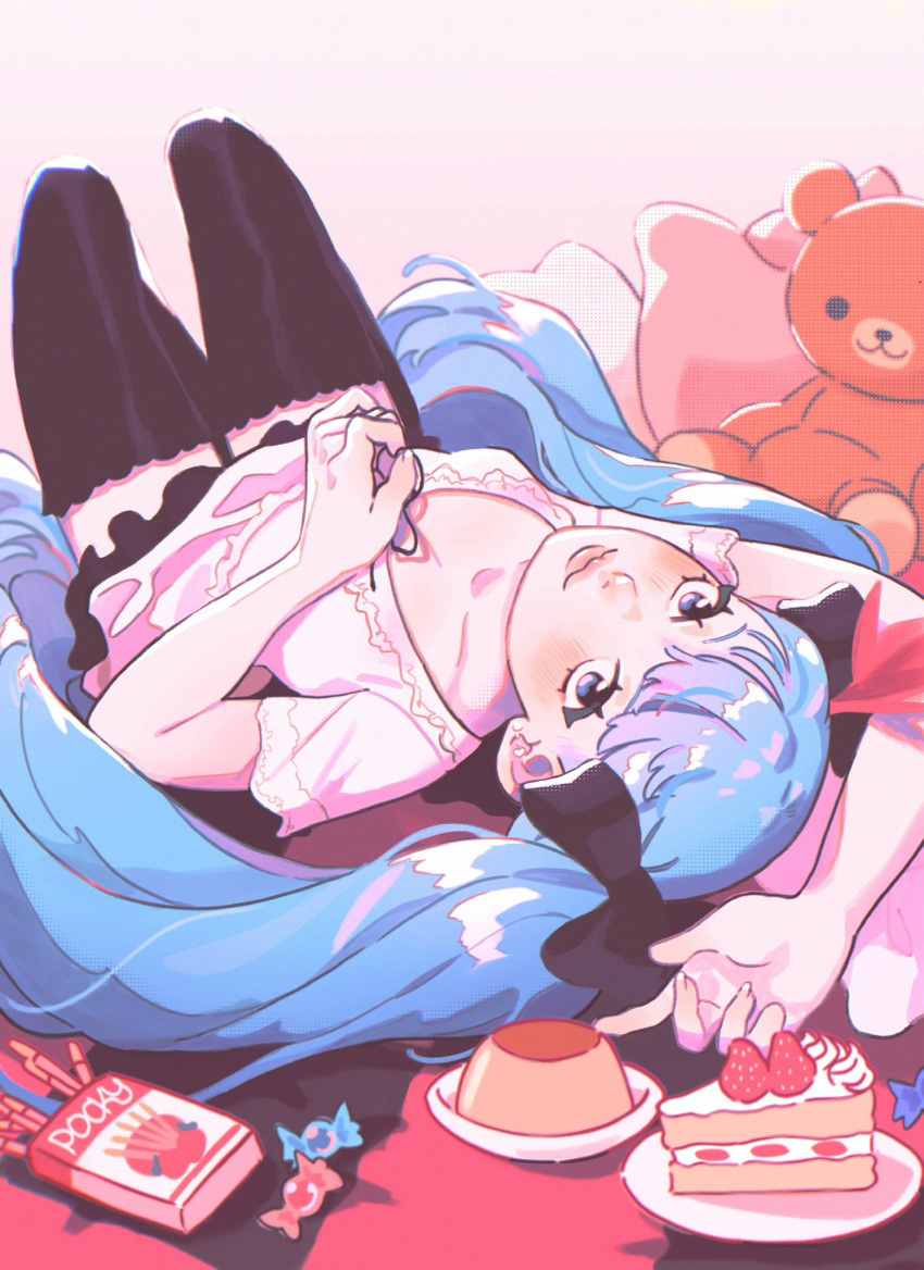 1girl, aqua_eyes, aqua_hair, black_thighhighs, blue_eyes, blue_hair, candy, dress