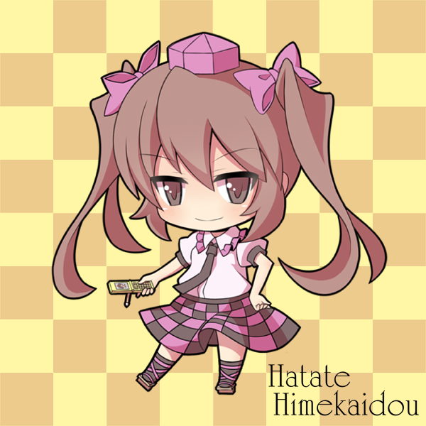 azuma_takeshi, blush, brown_eyes, brown_hair, cellphone, checkered, checkered_background, checkered_skirt