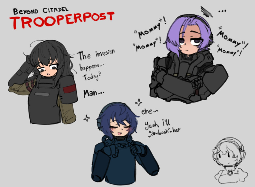 4girls, armor, beige_uniform, beyond_citadel, black_armor, black_eyes, black_hair, black_hairband, black_shoulderpads, blue_armor, blue_hair, blush, body_armor, chibi, chibi_inset, cropped_torso, crossed_arms, english_text, gauntlets, hairband, martyr_(the_citadel), multiple_girls, pilot_avv, purple_hair, scratching_head, short_hair, shoulder_pads, star_(symbol), the_citadel, trooper_(the_citadel), white_background, yuri