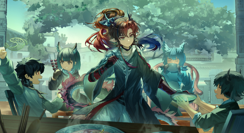 2girls, 3boys, :d, absurdres, animal_ear_fluff, animal_ears, arknights, arm_up, birchboat, black_eyes, black_gloves, black_hair, black_horns, black_jacket, black_shirt, blue_hair, bowl, brown_hair, chinese_commentary, chopsticks, closed_eyes, closed_mouth, colored_extremities, commentary, day, drinking, facing_another, food, gloves, gradient_hair, green_eyes, green_hair, green_shirt, highres, holding, holding_bowl, holding_chopsticks, horns, jacket, long_hair, looking_at_another, multicolored_hair, multiple_boys, multiple_girls, open_mouth, outstretched_arm, plant, pointy_ears, profile, red_eyes, shirt, short_hair, sitting, sleeves_past_elbows, sleeves_pushed_up, smile, soup, standing, steam, tree, wide_sleeves, yu_(arknights)