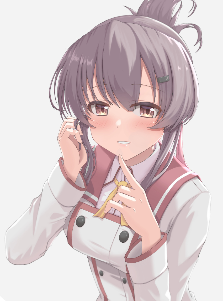 1girl, blush, breasts, brown_eyes, brown_hair, buttons, collared_shirt, commentary_request