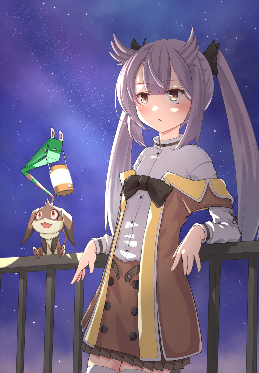 1girl, against_railing, black_bow, blush, bow, brown_eyes, brown_skirt, closed_mouth, commentary_request, creature, fear_jyosyu, hair_ears, highres, jacket, long_hair, long_sleeves, mashiko_kaoru, nene_(toji_no_miko), night, night_sky, off_shoulder, orange_jacket, osafune_girls_academy_school_uniform, pink_hair, pleated_skirt, railing, school_uniform, shirt, sidelocks, skirt, sky, solo, standing, star_(sky), starry_sky, thigh-highs, toji_no_miko, twintails, white_shirt, white_thighhighs, winter_uniform