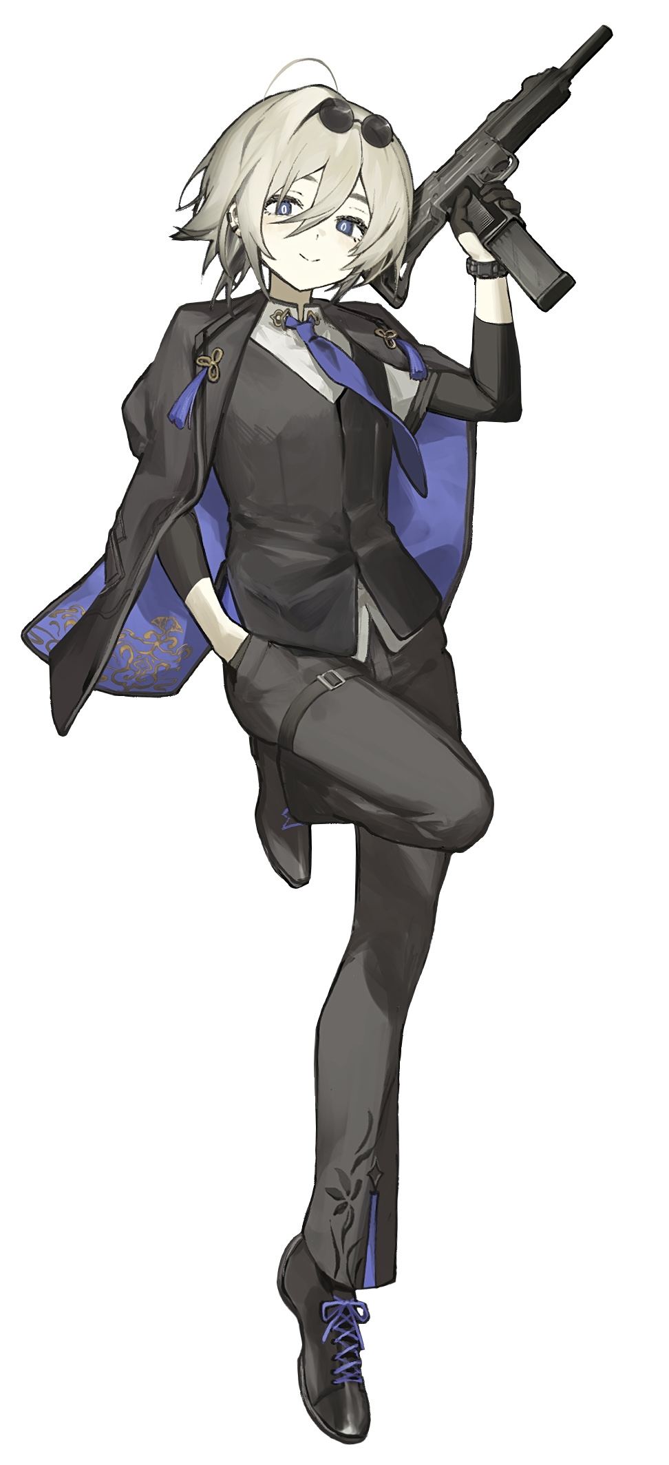 1girl, ahoge, black-framed_eyewear, black_footwear, black_gloves, black_pants, black_vest, blonde_hair